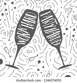 Worrk hard, party harder. Vector calligraphy image. Take-out coffee cup and beans. Hand drawn lettering poster, vintage typography card. Modern calligraphic poster.