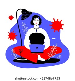 Preocupación por la enfermedad - colorida ilustración de diseño plano con elementos lineales. Composición roja y azul con una chica que busca en Internet información sobre bacterias y virus