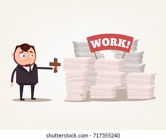 Worry angry man office worker character has lot of work and too busy. Vector flat cartoon illustration