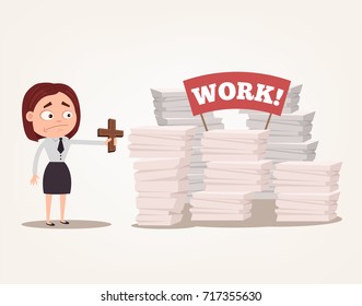 Worry angry woman office worker character has lot of work and too busy. Vector flat cartoon illustration