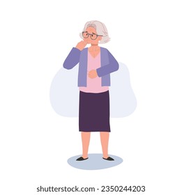 Worry and Anxiety Concept. Depressed Elderly Lady Contemplating Life. Full Length Illustration of Worried Elderly Woman.
