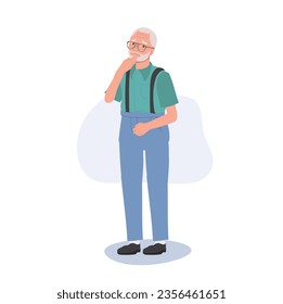 Worry and Anxiety Concept. Depressed Elderly man Contemplating Life. Full Length Illustration of Worried Elderly man.