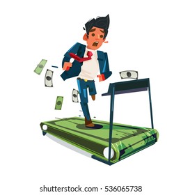 worry businessman running on money treadmill .run out of money. money trap. Salaryman life - vector illustration