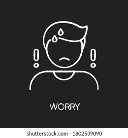 Worry chalk white icon on black background. Emotional stress, anxiety. Concerned, nervous mental state. Bad feeling, trouble reaction. Worried, anxious person isolated vector chalkboard illustration