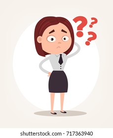 Worry Confused Office Worker Business Woman Character Thinking. Vector Flat Cartoon Illustration