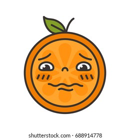 Worry emoji. Worrying orange fruit emoji with drop of sweat. Vector flat design emoticon icon isolated on white background.