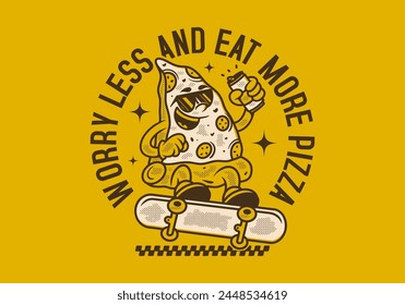 Worry less and eat more pizza. Retro illustration design of pizza character jumping on skateboard