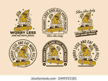 Worry less and eat more pizza. Retro illustration design of pizza character jumping on skateboard