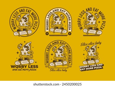 Worry less and eat more pizza. Retro illustration design of pizza character jumping on skateboard