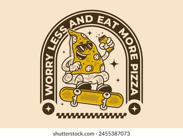 Worry less and eat more pizza. Retro illustration design of pizza character jumping on skateboard