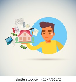 worry man with problem about build a home icon. top reason from build home make you pain concept - vector illustration