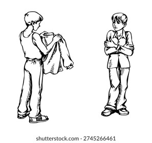 Worry upset freeze shock sad stress dirty wet ill flu fever teen human guy stand cry face ask assist put up warm look hope feel warmth rain. Outline hand drawn hold save life get needy young female body habit old line art rainy aid alm symbol concept