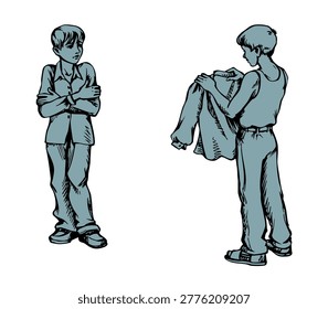 Worry upset freeze shock sad stress dirty wet ill flu fever teen human guy stand cry face ask assist put up warm look hope feel warmth rain. Outline hand drawn hold save life get needy young female body habit old line art rainy aid alm symbol concept