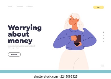 Worrying about money concept of landing page with poor woman hold empty wallet, suffer from financial problem, loss, unemployment or fraud. Young female has no saving. Cartoon flat vector illustration