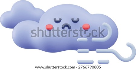 Worrying cloud and wind sign 3D plastic style vector illustration. Cartoon cloudy windy weather forecast symbol. Realistic volume meteorology design element. Render sky dark fluffy cloud character