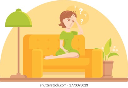 Worrying thoughtful woman sitting on the sofa. Cartoon flat vector illustration.