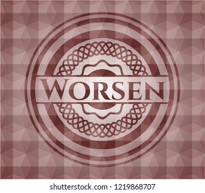 Worsen red emblem or badge with abstract geometric pattern background. Seamless.