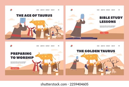 Worship to Golden Taurus Landing Page Template Set. Moses Character Hold Ten Commandments. Ancient Jews Create Idol and Worshiping to Gold Taurus. Biblical Story about Sin. Cartoon Vector Illustration