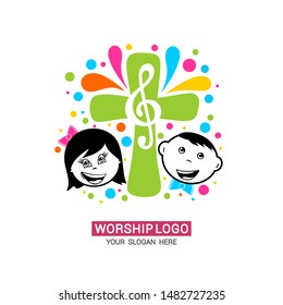 Worship logo. Children glorify God, sing glory and praise to Him.