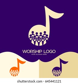 Worship Logo. Cristian Symbols. Choir In The Background Of A Note