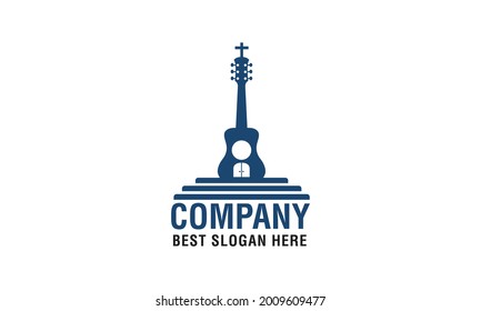 Worship logo. Cristian symbols. Cross of Jesus, musical guitar