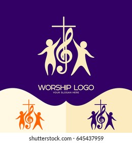 Worship logo. Cristian symbols. Cross, musical note and worshiping Jesus