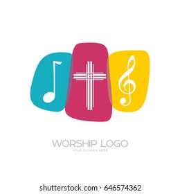 Worship-Logo. Kritische Symbole. Das Kreuz Jesu und musikalische Noten