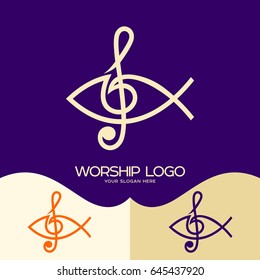 Worship logo. Cristian symbols. The Fish of Jesus and the musical note - the treble clef