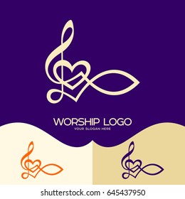 Worship logo. Cristian symbols. The Fish of Jesus and the musical note - the treble clef