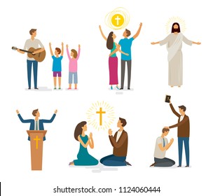 Adoración, oración, juego de iconos de fe. Concepto religioso. Ilustración del vector