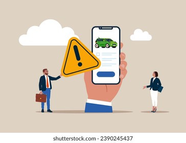 Worst interface car registration with a phone in hand. Incident with exclamation attention sign. Modern vector illustration in flat style