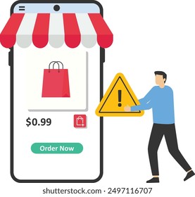 The worst interface online store with errors and giving incident with exclamation attention sign. Flat vector illustration

