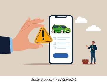 The worst online car registration with a phone. Quality Control and giving incident with exclamation attention sign. Modern vector illustration in flat style