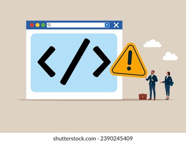 Worst software development, сode review. Quality Control and giving incident with exclamation attention sign. Modern vector illustration in flat style
