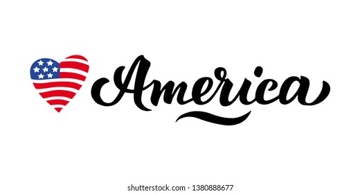 Wort America and the American flag in Heart. Patriotic Poster with handwritten letters on the day of remembrance, the fourth of July Great print for clothes, t shirt design. Postcard Independence Day