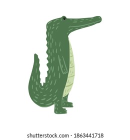 Worth crocodile isolated on white background. Funny cartoon character wildlife in doodle vector illustration.