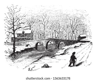 Worth Mills are substantial stone bridge over Stony Brook is upon the site of the wooden one destroyed on the 3d of January 1777, vintage line drawing or engraving illustration. svg