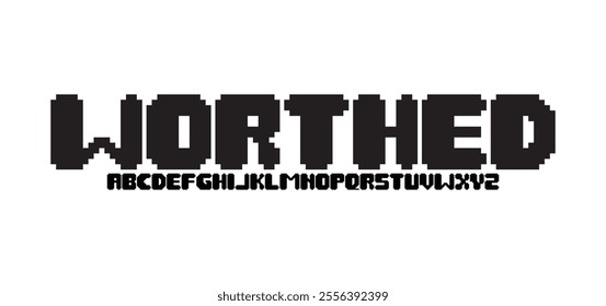 Worthed, Pixel game font. Arcade 8 bit alphabet symbols, retro console text elements, 80s type letters. Vector computer and video game comic letter set. Illustration of game alphabet pixel
