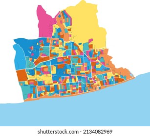 Worthing, South East England, England colorful high resolution vector art map with city boundaries. White outlines for main roads. Many details. Blue shapes for water. 