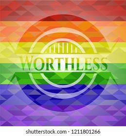Worthless emblem on mosaic background with the colors of the LGBT flag