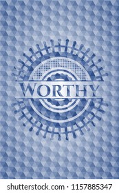 Worthy blue badge with geometric pattern background.