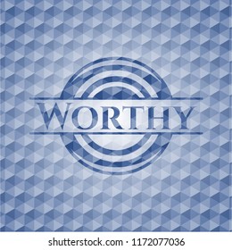 Worthy blue badge with geometric pattern.