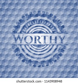 Worthy blue emblem with geometric pattern.