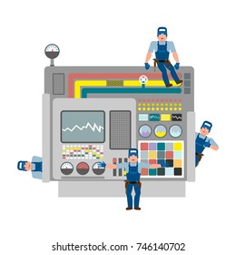 Worwer and Industrial machinery. Repair team. Service and repair Construction equipment factory. Mechanics and Panel production control system. Industrial group. Buttons and screens and sensors
