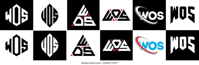 WOS letter logo design in six style. WOS polygon, circle, triangle, hexagon, flat and simple style with black and white color variation letter logo set in one artboard. WOS minimalist and classic logo