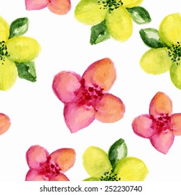 Wotercolor floral pattern with pink and yellow flowers. Vector illustration