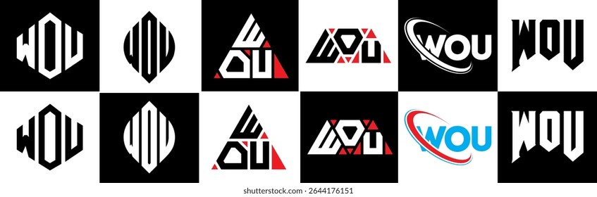 WOU letter logo design in six style. WOU polygon, circle, triangle, hexagon, flat and simple style with black and white color variation letter logo set in one artboard. WOU minimalist and classic logo