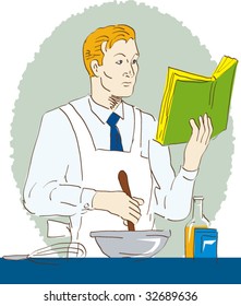 Would be cook trying hard at reading cookbook