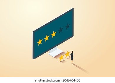 Would a businesswoman give a five-star rating, evaluation, satisfaction or no on computer screen  Giving suggestions in work or doing business. isometric vector illustration.