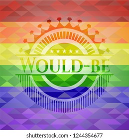 Would-be emblem on mosaic background with the colors of the LGBT flag